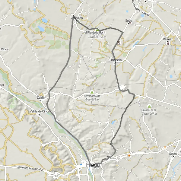 Map miniature of "Fraga Loop via Pozo de Hielo and Gimenells" cycling inspiration in Aragón, Spain. Generated by Tarmacs.app cycling route planner