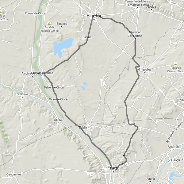 Map miniature of "Belver de Cinca Adventure Loop" cycling inspiration in Aragón, Spain. Generated by Tarmacs.app cycling route planner