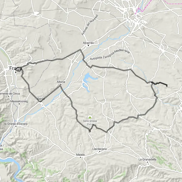 Miniature de la carte de l'inspiration cycliste "Défi sportif vers Sitjas en passant par Aspa" dans la Aragón, Spain. Générée par le planificateur d'itinéraire cycliste Tarmacs.app