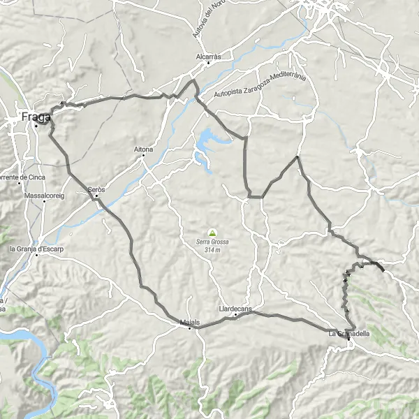 Map miniature of "Scenic Road Trip from Fraga" cycling inspiration in Aragón, Spain. Generated by Tarmacs.app cycling route planner