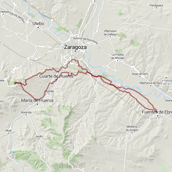 Miniatura della mappa di ispirazione al ciclismo "Giro in bicicletta tra Fuentes de Ebro e Antiguas esclusas" nella regione di Aragón, Spain. Generata da Tarmacs.app, pianificatore di rotte ciclistiche