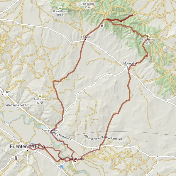 Miniature de la carte de l'inspiration cycliste "Défi vallonné de Fuentes de Ebro à Pina de Ebro" dans la Aragón, Spain. Générée par le planificateur d'itinéraire cycliste Tarmacs.app
