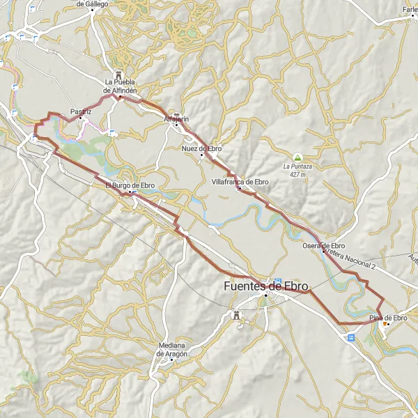 Map miniature of "Scenic Gravel Ride to Pastriz and Villafranca de Ebro" cycling inspiration in Aragón, Spain. Generated by Tarmacs.app cycling route planner