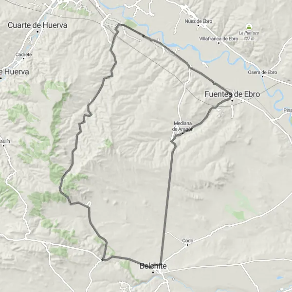 Map miniature of "Belchite Historical Ride" cycling inspiration in Aragón, Spain. Generated by Tarmacs.app cycling route planner