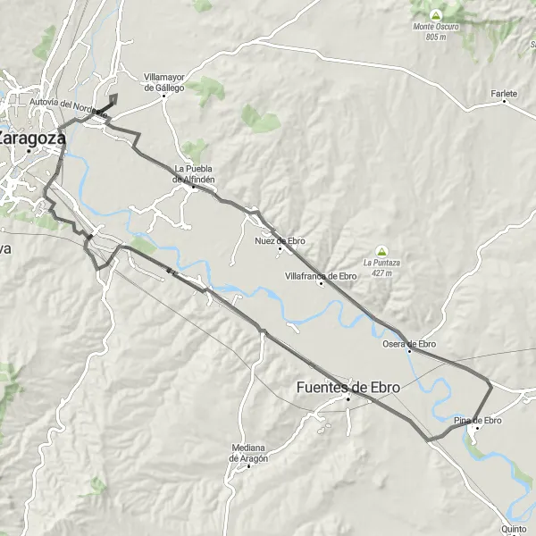 Miniaturní mapa "Okružní trasa kolem Fuentes de Ebro po silnici" inspirace pro cyklisty v oblasti Aragón, Spain. Vytvořeno pomocí plánovače tras Tarmacs.app