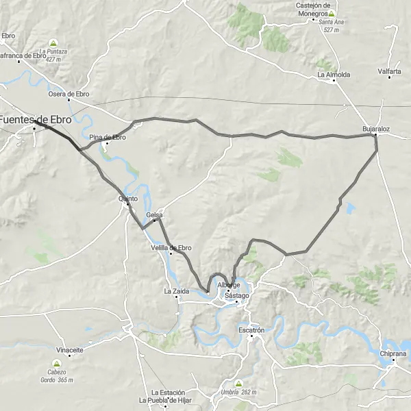 Miniatura mapy "Trasa pomiędzy Fuentes de Ebro: Pina de Ebro, Bujaraloz, Alborge" - trasy rowerowej w Aragón, Spain. Wygenerowane przez planer tras rowerowych Tarmacs.app