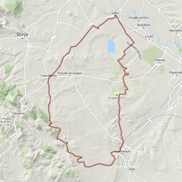 Miniatura della mappa di ispirazione al ciclismo "Esplorazione Gravel da Gallur a Fuendejalón" nella regione di Aragón, Spain. Generata da Tarmacs.app, pianificatore di rotte ciclistiche