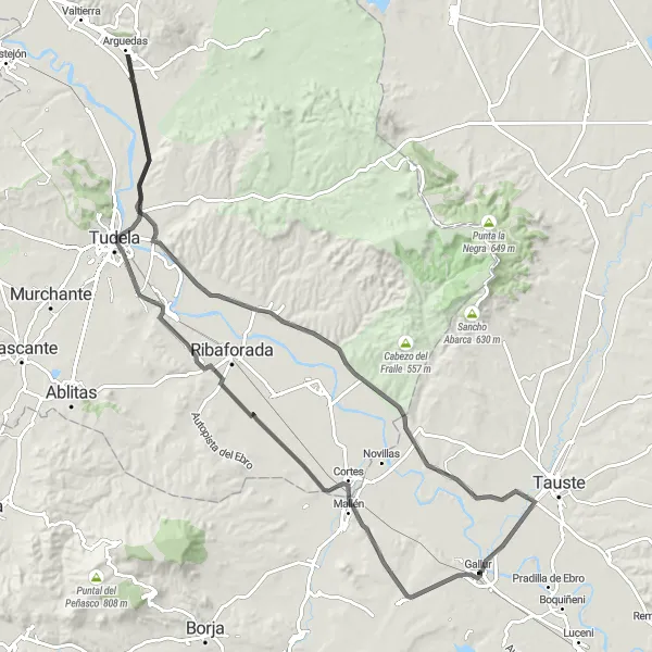 Karten-Miniaturansicht der Radinspiration "Radtour von Gallur zum Castillo de Cortes" in Aragón, Spain. Erstellt vom Tarmacs.app-Routenplaner für Radtouren