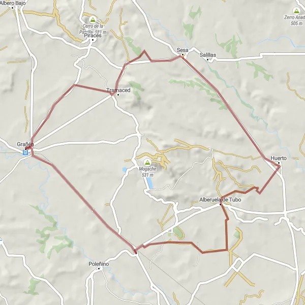 Miniatura della mappa di ispirazione al ciclismo "Piccolo giro in bici sterrato di 51 km da Grañén" nella regione di Aragón, Spain. Generata da Tarmacs.app, pianificatore di rotte ciclistiche