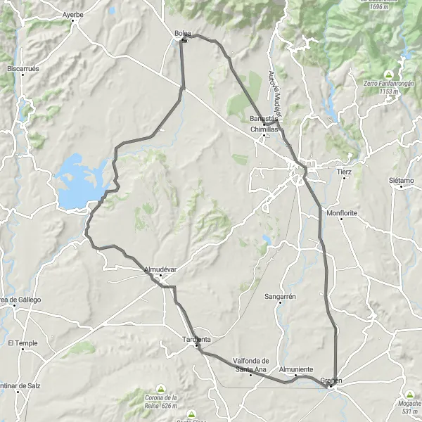 Karten-Miniaturansicht der Radinspiration "Hügelige Straßen von Grañén" in Aragón, Spain. Erstellt vom Tarmacs.app-Routenplaner für Radtouren