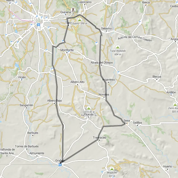 Map miniature of "Grañén-Route 3" cycling inspiration in Aragón, Spain. Generated by Tarmacs.app cycling route planner