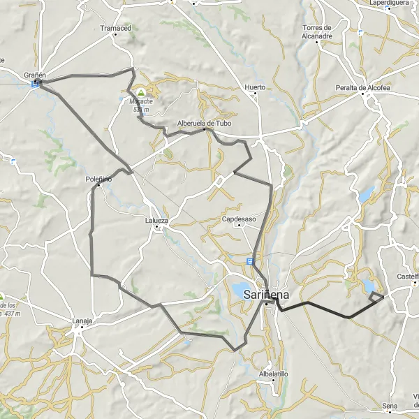 Miniatuurkaart van de fietsinspiratie "Rondrit van Grañén naar Mogache en Poleñino" in Aragón, Spain. Gemaakt door de Tarmacs.app fietsrouteplanner