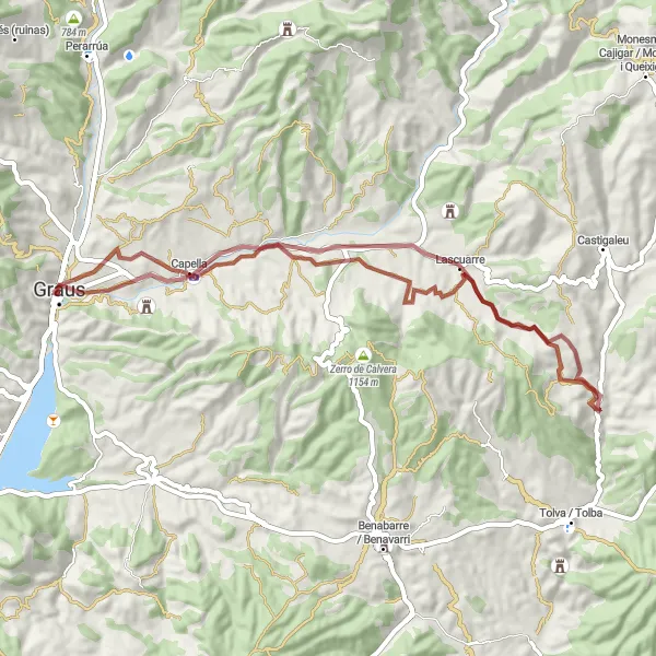 Map miniature of "Scenic Gravel Exploration near Graus" cycling inspiration in Aragón, Spain. Generated by Tarmacs.app cycling route planner