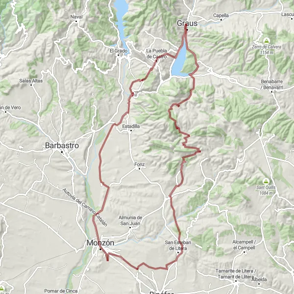 Miniatura della mappa di ispirazione al ciclismo "Avventura Gravel tra Montagne e Monumenti" nella regione di Aragón, Spain. Generata da Tarmacs.app, pianificatore di rotte ciclistiche