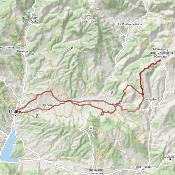 Miniaturní mapa "Gravel cyklistická trasa Mirador de Las Forcas" inspirace pro cyklisty v oblasti Aragón, Spain. Vytvořeno pomocí plánovače tras Tarmacs.app