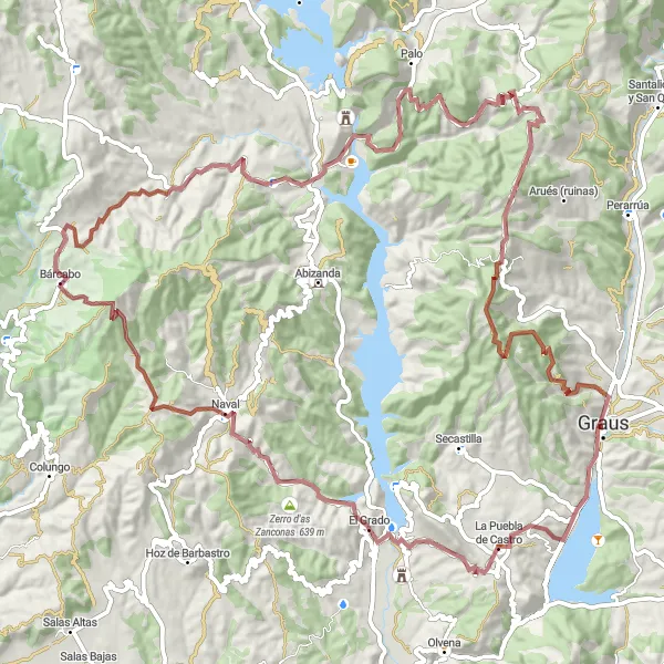 Miniatura della mappa di ispirazione al ciclismo "Giro in Gravel attraverso il Cuore di Gesù" nella regione di Aragón, Spain. Generata da Tarmacs.app, pianificatore di rotte ciclistiche