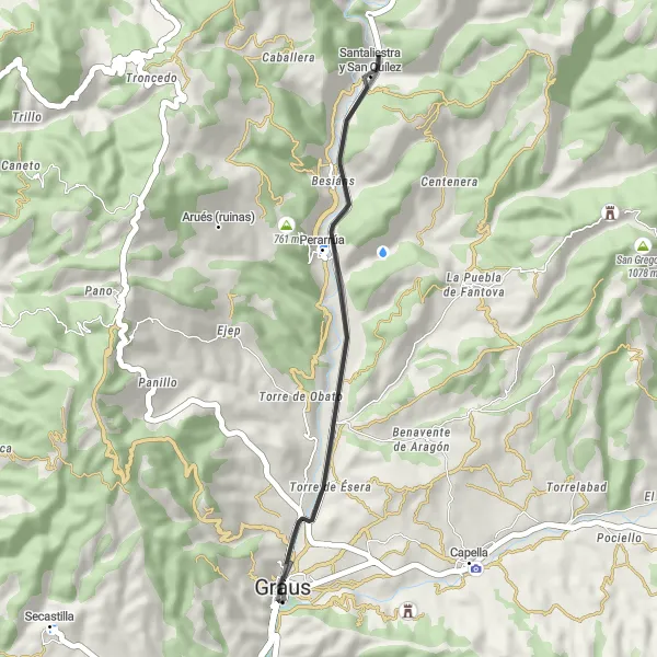 Miniatura della mappa di ispirazione al ciclismo "Esplorazione in bicicletta tra Graus - Corazón de Jesús - Las Ventas de Santa Lucía - Santaliestra y San Quílez" nella regione di Aragón, Spain. Generata da Tarmacs.app, pianificatore di rotte ciclistiche