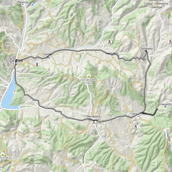 Miniatua del mapa de inspiración ciclista "Ruta del Castillo de Benabarre" en Aragón, Spain. Generado por Tarmacs.app planificador de rutas ciclistas