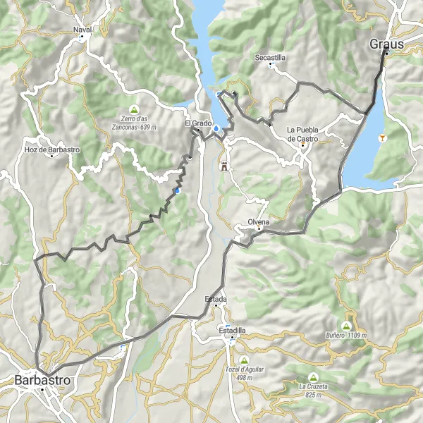Miniatura della mappa di ispirazione al ciclismo "Esplorazione Stradale tra Laghi e Paesaggi" nella regione di Aragón, Spain. Generata da Tarmacs.app, pianificatore di rotte ciclistiche