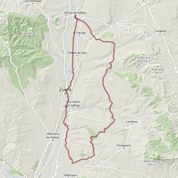 Miniatuurkaart van de fietsinspiratie "Gravelroute door Peñaflor de Gállego, Zuera en Gurrea de Gállego" in Aragón, Spain. Gemaakt door de Tarmacs.app fietsrouteplanner