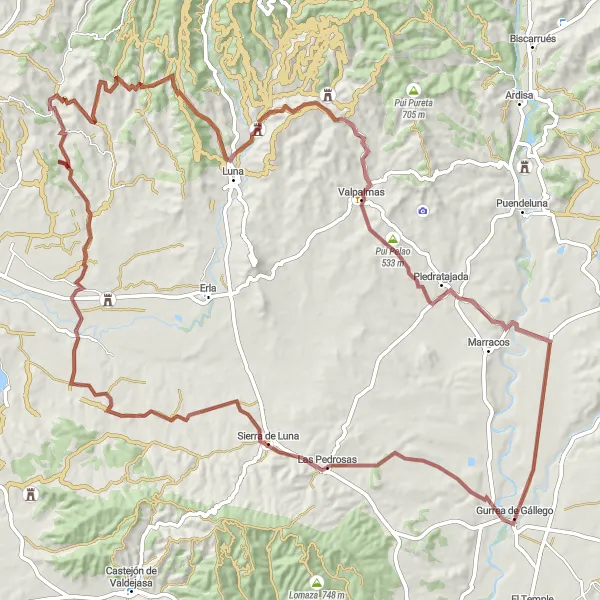 Map miniature of "Las Pedrosas to Luna Gravel Loop" cycling inspiration in Aragón, Spain. Generated by Tarmacs.app cycling route planner