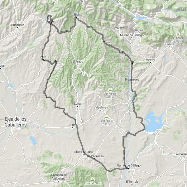 Map miniature of "Las Pedrosas to Marracos Road Loop" cycling inspiration in Aragón, Spain. Generated by Tarmacs.app cycling route planner