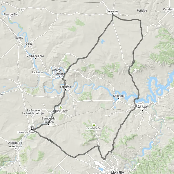 Map miniature of "Híjar - Jatiel - Umbría - Bujaraloz" cycling inspiration in Aragón, Spain. Generated by Tarmacs.app cycling route planner