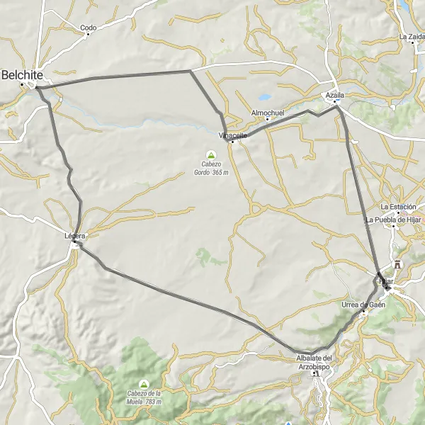 Map miniature of "Híjar - Urrea de Gaén - Lécera - Pueblo Viejo de Belchite - Vinaceite - Azaila - Castillo de Híjar" cycling inspiration in Aragón, Spain. Generated by Tarmacs.app cycling route planner