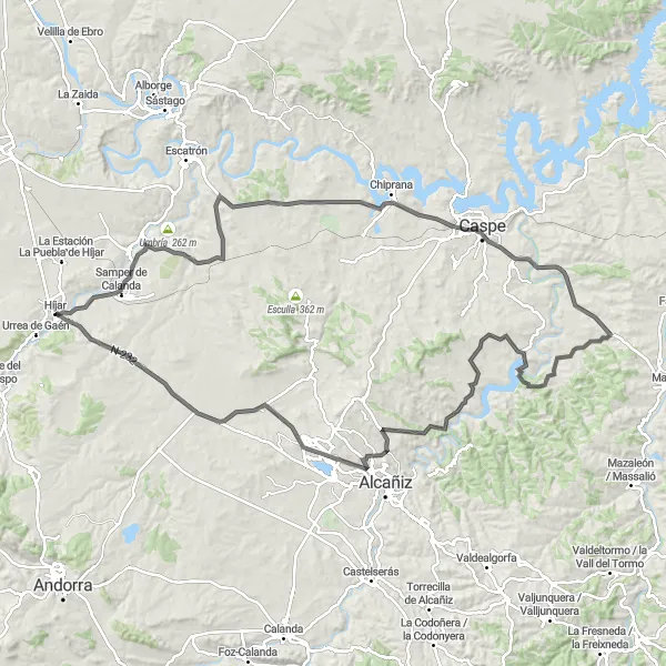 Miniatura della mappa di ispirazione al ciclismo "Percorso ciclistico su strada da Híjar" nella regione di Aragón, Spain. Generata da Tarmacs.app, pianificatore di rotte ciclistiche