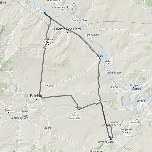 Miniatura della mappa di ispirazione al ciclismo "Giro in bicicletta da Híjar ad Azaila" nella regione di Aragón, Spain. Generata da Tarmacs.app, pianificatore di rotte ciclistiche