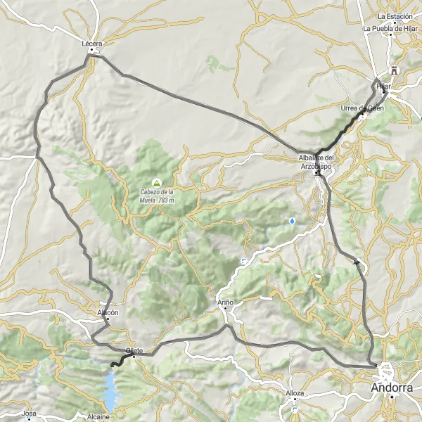 Miniature de la carte de l'inspiration cycliste "Parcours routier autour d'Híjar" dans la Aragón, Spain. Générée par le planificateur d'itinéraire cycliste Tarmacs.app