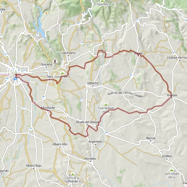 Miniatuurkaart van de fietsinspiratie "Gravel Route Huesca-Tierz-Quinto-Ibieca-Huesca" in Aragón, Spain. Gemaakt door de Tarmacs.app fietsrouteplanner