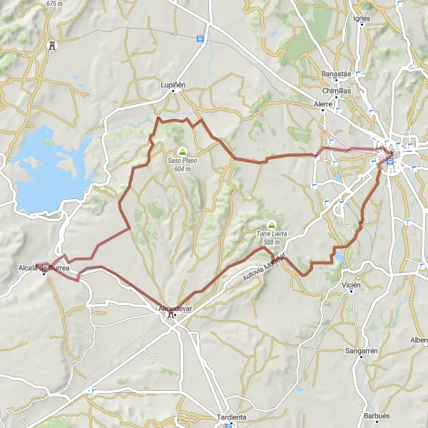 Miniaturní mapa "Gravelový okruh Huesca - Alcalá de Gurrea - Huesca" inspirace pro cyklisty v oblasti Aragón, Spain. Vytvořeno pomocí plánovače tras Tarmacs.app