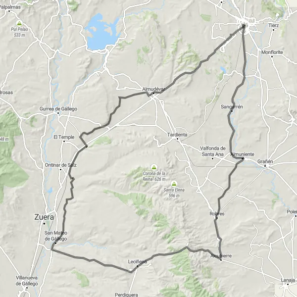 Karten-Miniaturansicht der Radinspiration "Epische Straßenrundfahrt um Huesca" in Aragón, Spain. Erstellt vom Tarmacs.app-Routenplaner für Radtouren