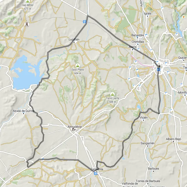 Miniatura della mappa di ispirazione al ciclismo "Giro in bicicletta da Huesca a Corona Zillas" nella regione di Aragón, Spain. Generata da Tarmacs.app, pianificatore di rotte ciclistiche