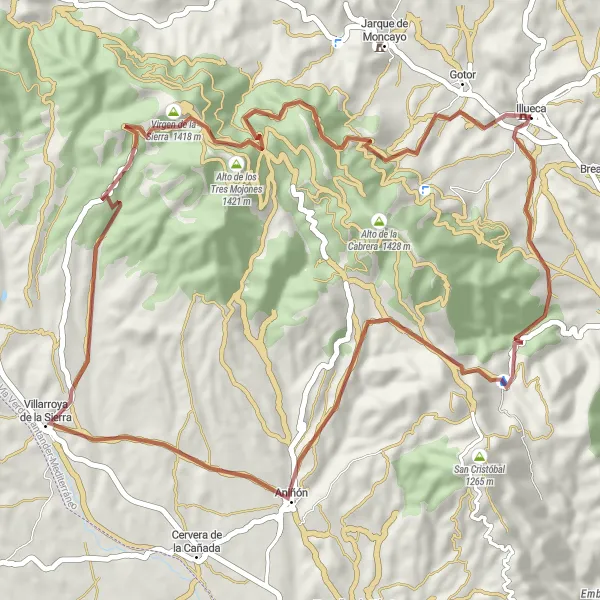 Miniatura della mappa di ispirazione al ciclismo "Giro in bicicletta da Illueca a Castillo-Palacio del Papa Luna" nella regione di Aragón, Spain. Generata da Tarmacs.app, pianificatore di rotte ciclistiche