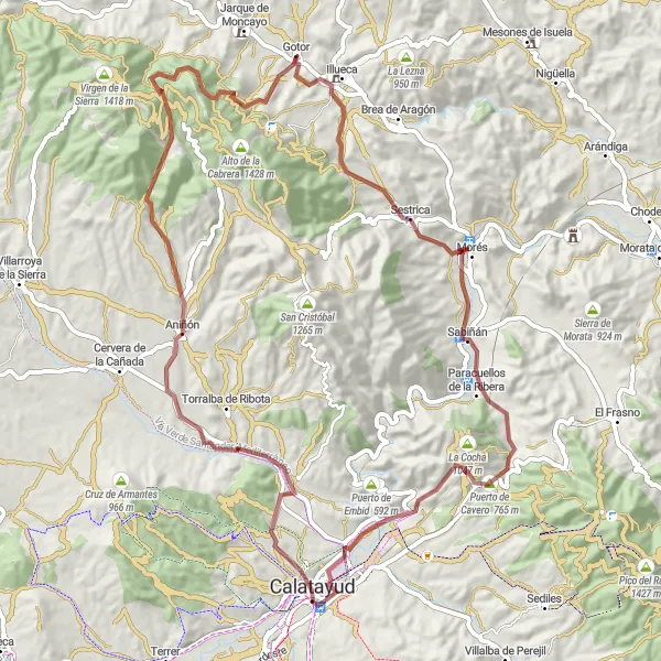 Miniatura della mappa di ispirazione al ciclismo "Avventuroso circuito in bicicletta da Sestrica ad Alto de los Tres Mojones" nella regione di Aragón, Spain. Generata da Tarmacs.app, pianificatore di rotte ciclistiche