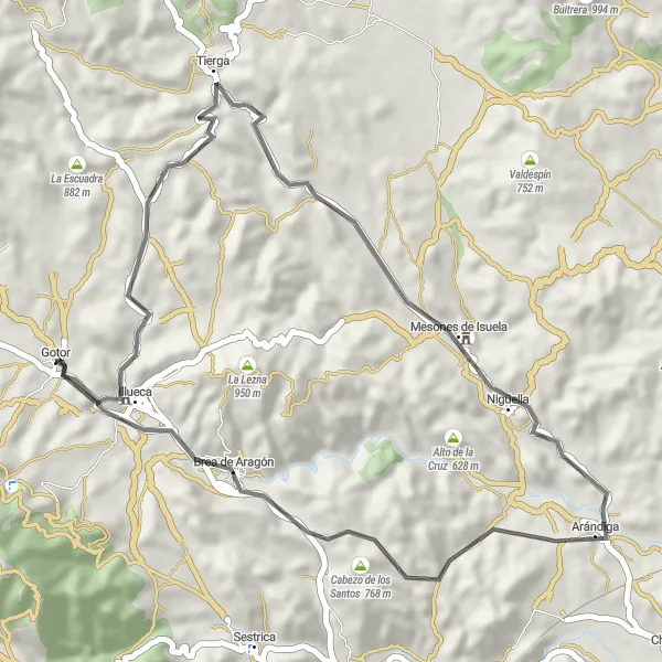 Map miniature of "Illueca Loop" cycling inspiration in Aragón, Spain. Generated by Tarmacs.app cycling route planner