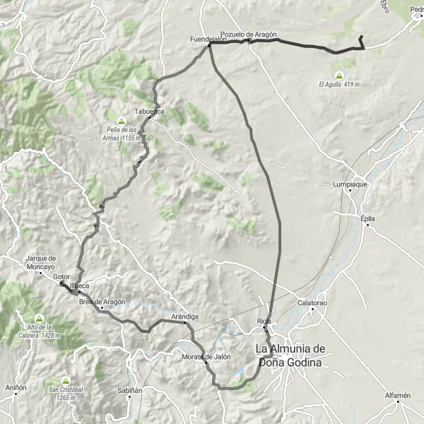 Miniatura della mappa di ispirazione al ciclismo "Giro in bicicletta da Illueca a Ricla" nella regione di Aragón, Spain. Generata da Tarmacs.app, pianificatore di rotte ciclistiche