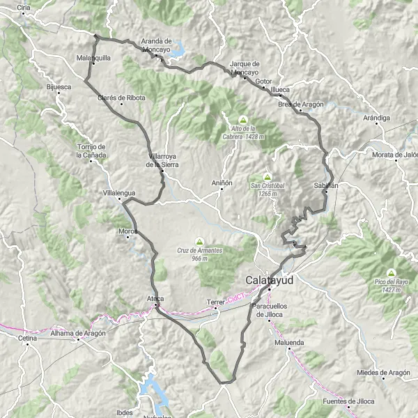 Karten-Miniaturansicht der Radinspiration "Rundfahrt von Illueca" in Aragón, Spain. Erstellt vom Tarmacs.app-Routenplaner für Radtouren