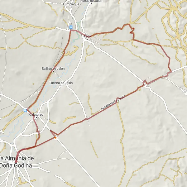 Miniaturní mapa "Gravelová trasa kolem La Almunia de Doña Godina" inspirace pro cyklisty v oblasti Aragón, Spain. Vytvořeno pomocí plánovače tras Tarmacs.app