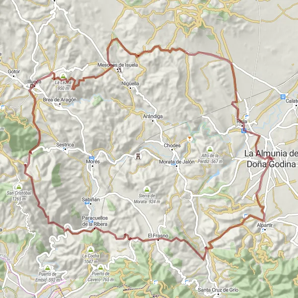 Miniaturní mapa "Extrémní trať kolem La Almunia de Doña Godina" inspirace pro cyklisty v oblasti Aragón, Spain. Vytvořeno pomocí plánovače tras Tarmacs.app