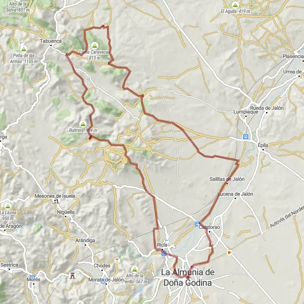 Miniaturní mapa "Adrenalinový okruh do kopců" inspirace pro cyklisty v oblasti Aragón, Spain. Vytvořeno pomocí plánovače tras Tarmacs.app