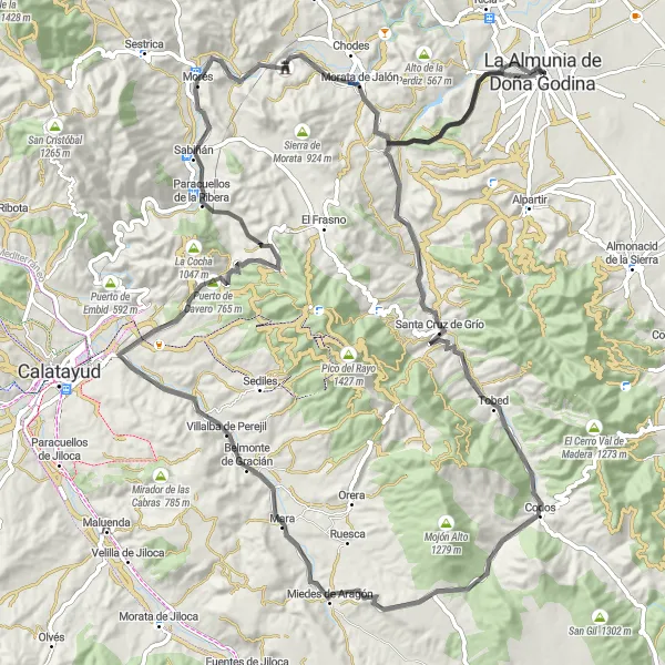 Miniatua del mapa de inspiración ciclista "Ruta de La Almunia de Doña Godina a Torres" en Aragón, Spain. Generado por Tarmacs.app planificador de rutas ciclistas