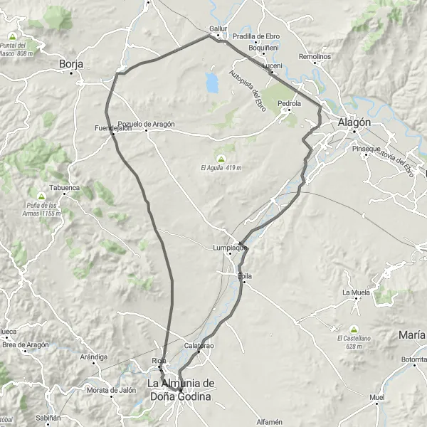 Map miniature of "Road Cycling Tour to Lucena de Jalón" cycling inspiration in Aragón, Spain. Generated by Tarmacs.app cycling route planner