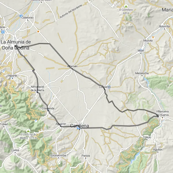 Miniatura della mappa di ispirazione al ciclismo "Percorso ciclistico attraverso Alfamén e Cosuenda" nella regione di Aragón, Spain. Generata da Tarmacs.app, pianificatore di rotte ciclistiche