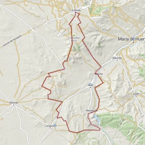 Map miniature of "The Gravel Challenge: La Muela and Beyond" cycling inspiration in Aragón, Spain. Generated by Tarmacs.app cycling route planner