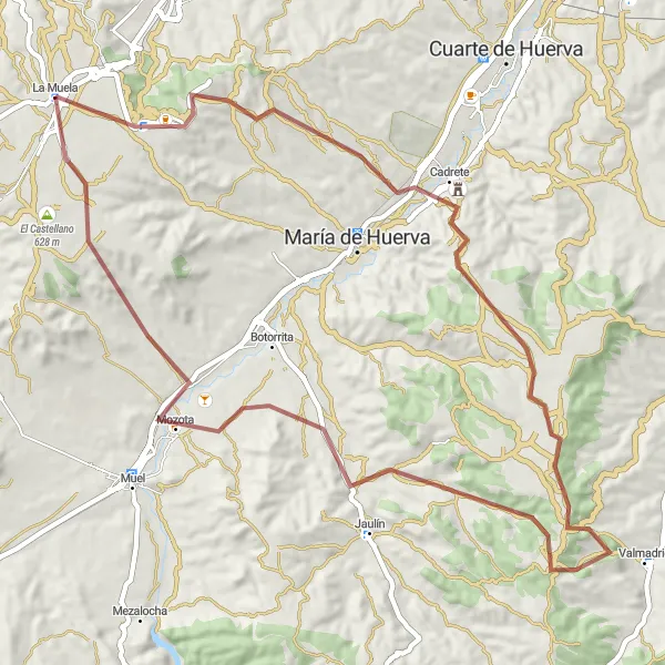 Miniatura della mappa di ispirazione al ciclismo "Giro in bicicletta collinare di 65 km da La Muela" nella regione di Aragón, Spain. Generata da Tarmacs.app, pianificatore di rotte ciclistiche