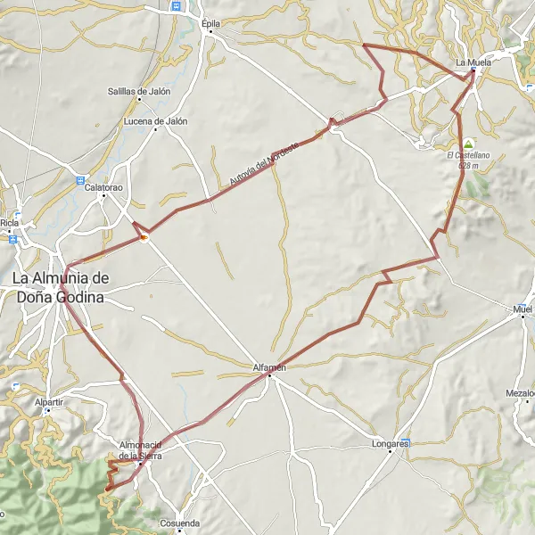 Miniatura della mappa di ispirazione al ciclismo "Tour in bicicletta di 84 km con partenza da La Muela" nella regione di Aragón, Spain. Generata da Tarmacs.app, pianificatore di rotte ciclistiche