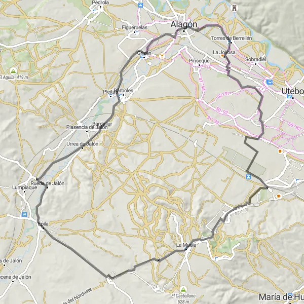 Miniatura della mappa di ispirazione al ciclismo "Giro in bicicletta da La Muela a Casetas" nella regione di Aragón, Spain. Generata da Tarmacs.app, pianificatore di rotte ciclistiche